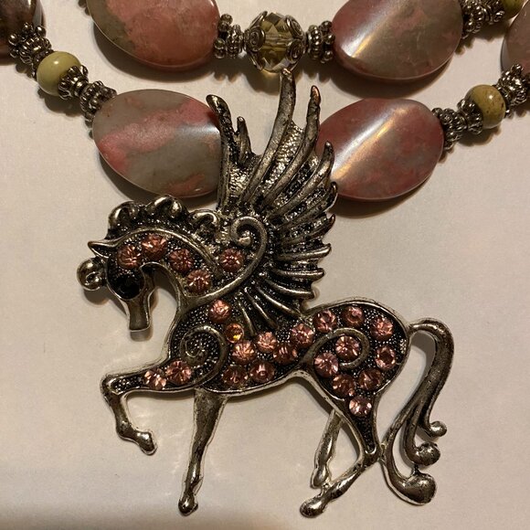 Western Necklace - Chunky Pink w/rhinestone Pegasus horse pendant w/wings. Wow - Picture 1 of 9